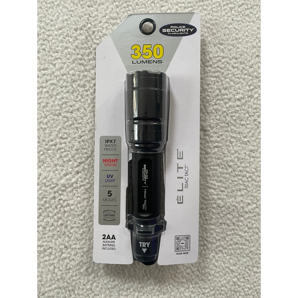 Police Security Flashlight 350 Lumens Elite Trac Tact Black UV Night Vision IPX7